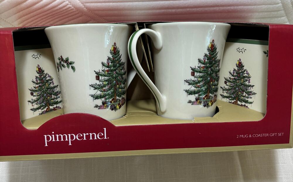 Spode Christmas Tree Pimpernel 2 Mugs Coasters Gift Set Holiday Boxed